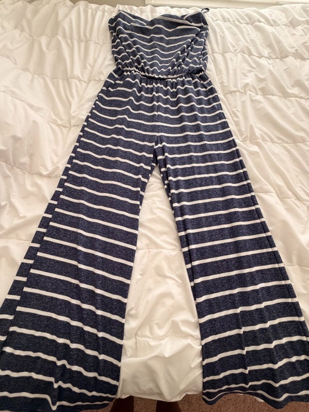 5th & Love Navy White Striped Strapless Wide Leg Jumpsuit Size L